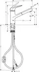Einhebel-Küchenmischer von Hansgrohe mit Ausziehauslauf und einem einzelnen Bedienhebel. Technische Zeichnung mit Maßen und Anschlüssen.